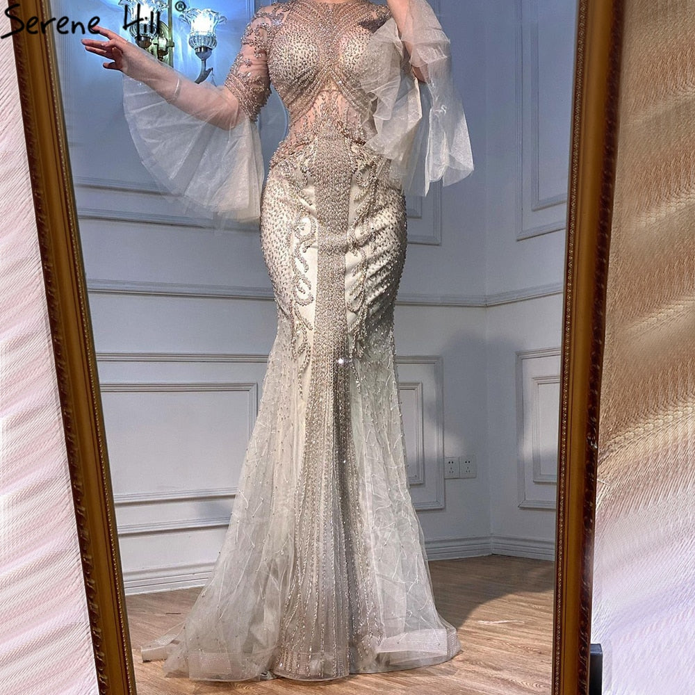 Serene Hill Elegant Grey Mermaid Luxury Long Sleeves 2025 Beading Party Wear Fromal Evening Dress Gowns For Women LA70289 - SERENE HILL