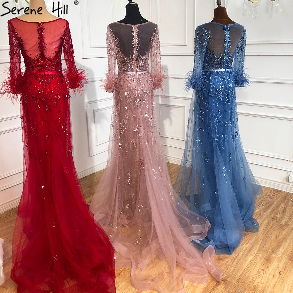 Serene Hill Evening Dress Long Wine Red Mermaid Dress Beaded Feathers With Cloak Party Gown Women Party LA70827 - SERENE HILL