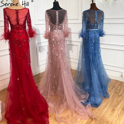 Serene Hill Evening Dress Long Wine Red Mermaid Dress Beaded Feathers With Cloak Party Gown Women Party LA70827 - SERENE HILL