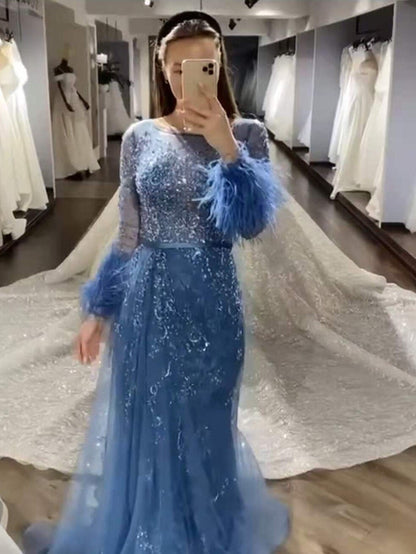 Serene Hill Evening Dress Long Wine Red Mermaid Dress Beaded Feathers With Cloak Party Gown Women Party LA70827 - SERENE HILL