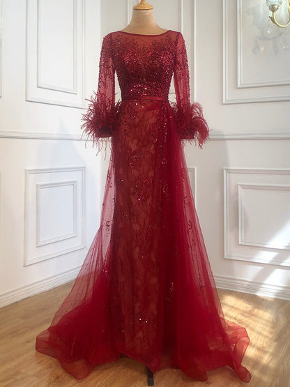 Serene Hill Evening Dress Long Wine Red Mermaid Dress Beaded Feathers With Cloak Party Gown Women Party LA70827 - SERENE HILL