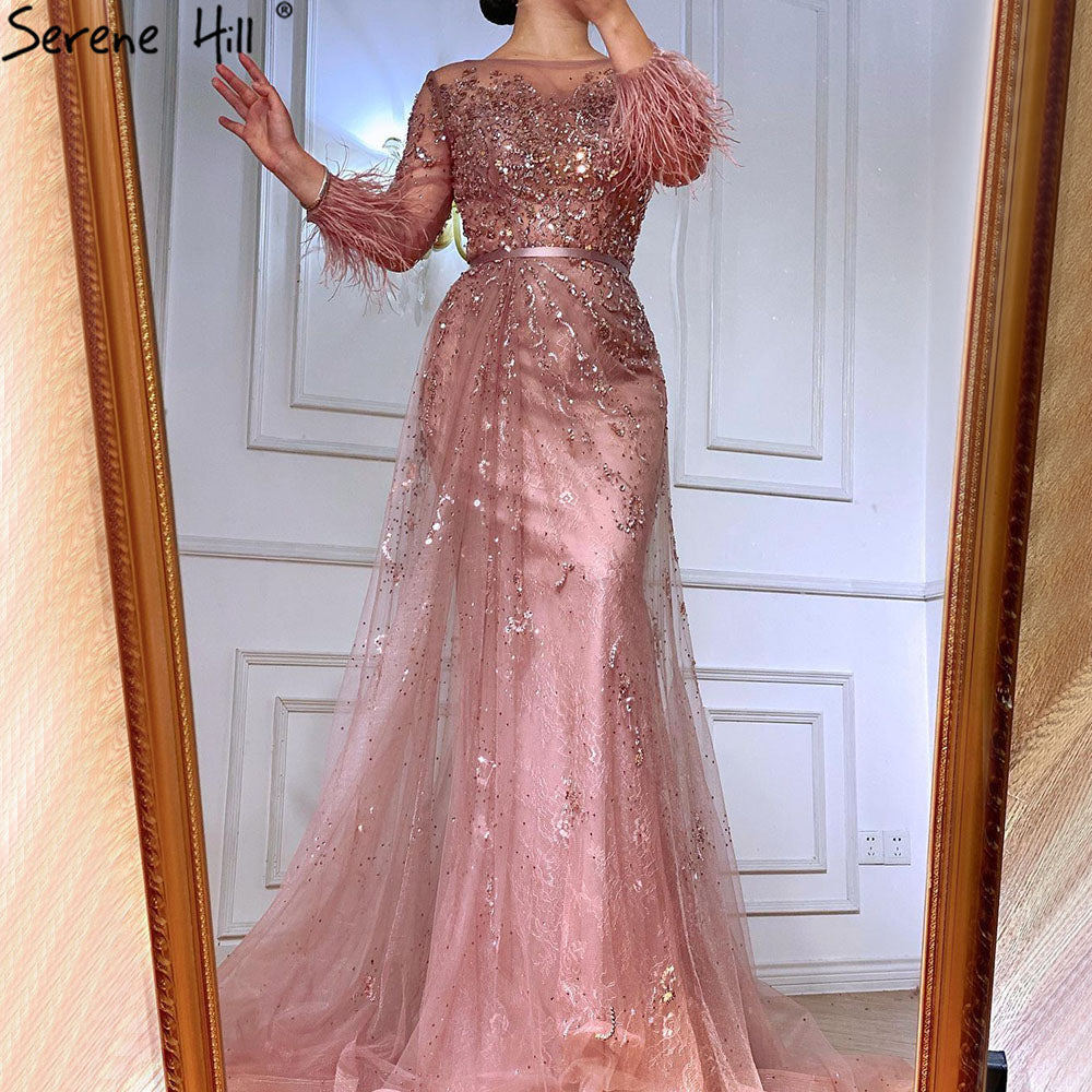 Serene Hill Evening Dress Long Wine Red Mermaid Dress Beaded Feathers With Cloak Party Gown Women Party LA70827 - SERENE HILL