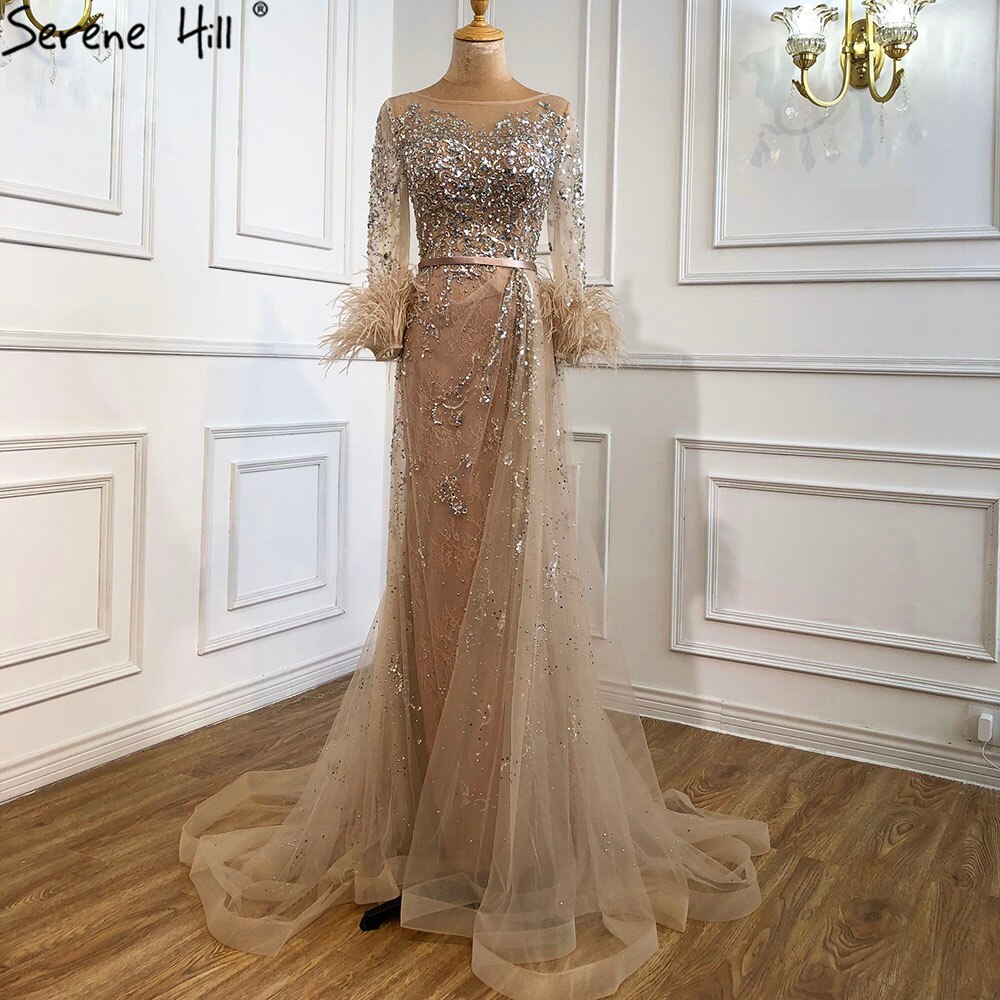 Serene Hill Evening Dress Long Wine Red Mermaid Dress Beaded Feathers With Cloak Party Gown Women Party LA70827 - SERENE HILL