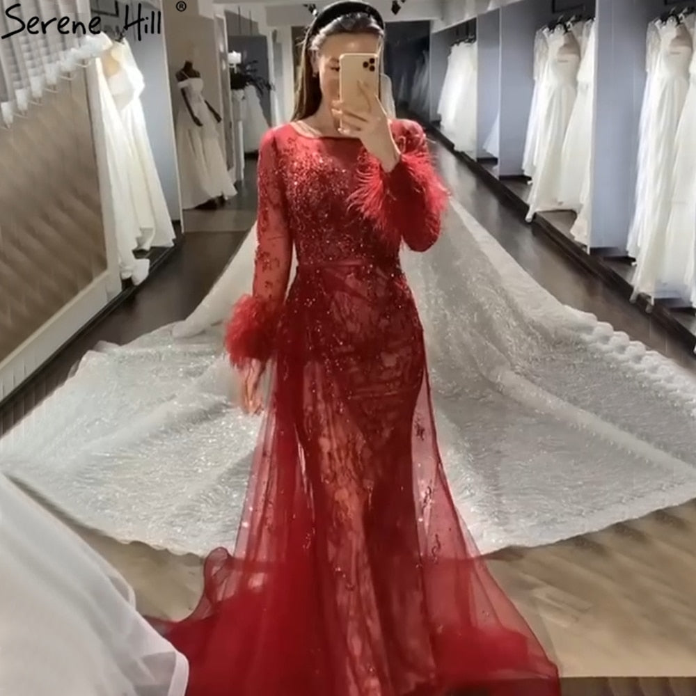 Serene Hill Evening Dress Long Wine Red Mermaid Dress Beaded Feathers With Cloak Party Gown Women Party LA70827 - SERENE HILL