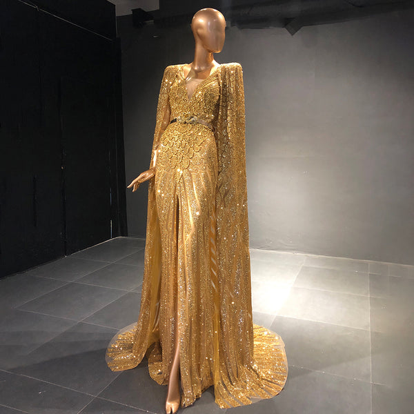 Serene Hill Gold  A-Line Cape Sleeve Evening Dresses Gowns 2025 Beaded Elegant Luxury For Women Party LA71670