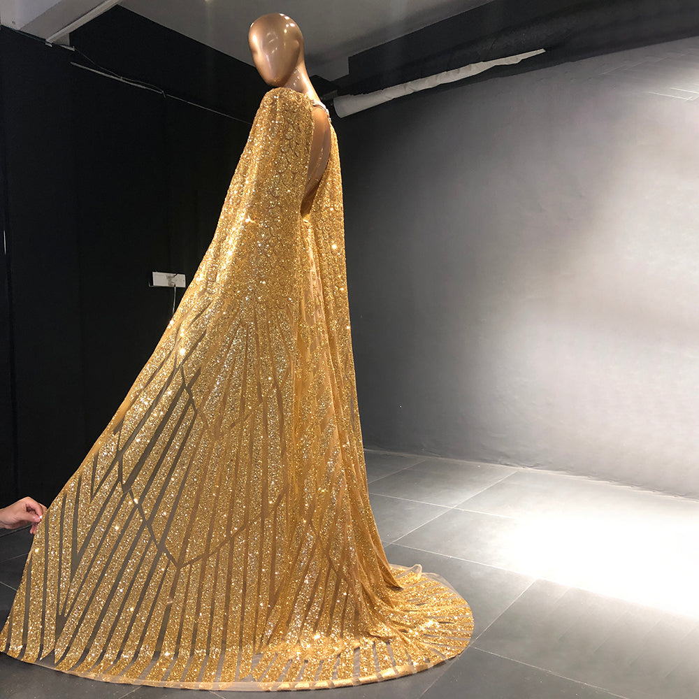 Serene Hill Gold A-Line Cape Sleeve Evening Dresses Gowns 2025 Beaded Elegant Luxury For Women Party LA71670 - SERENE HILL