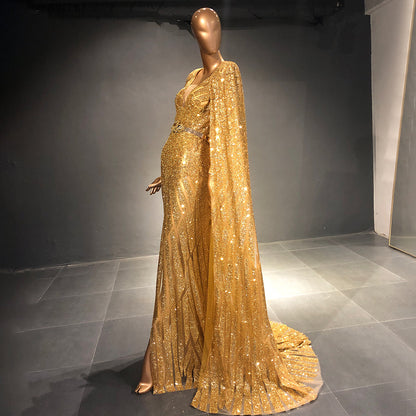 Serene Hill Gold A-Line Cape Sleeve Evening Dresses Gowns 2025 Beaded Elegant Luxury For Women Party LA71670 - SERENE HILL