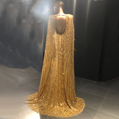 Serene Hill Gold A-Line Cape Sleeve Evening Dresses Gowns 2025 Beaded Elegant Luxury For Women Party LA71670 - SERENE HILL