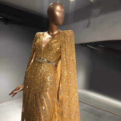 Serene Hill Gold A-Line Cape Sleeve Evening Dresses Gowns 2025 Beaded Elegant Luxury For Women Party LA71670 - SERENE HILL