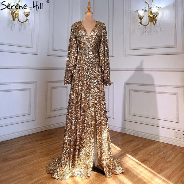 Serene Hill Gold A-Line High Split Evening Dresses Gowns 2025 Luxury Flare Sleeve For Woman Wedding Party LA71395