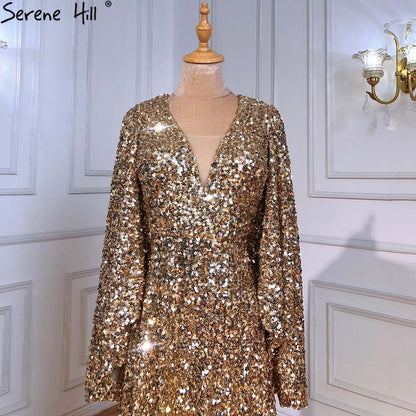 Serene Hill Gold A-Line High Split Evening Dresses Gowns 2025 Luxury Flare Sleeve For Woman Wedding Party LA71395 - SERENE HILL