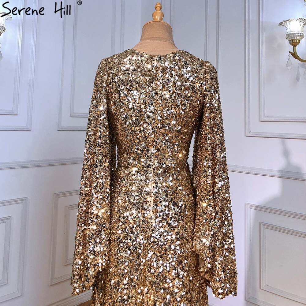 Serene Hill Gold A-Line High Split Evening Dresses Gowns 2025 Luxury Flare Sleeve For Woman Wedding Party LA71395 - SERENE HILL