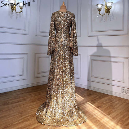 Serene Hill Gold A-Line High Split Evening Dresses Gowns 2025 Luxury Flare Sleeve For Woman Wedding Party LA71395 - SERENE HILL