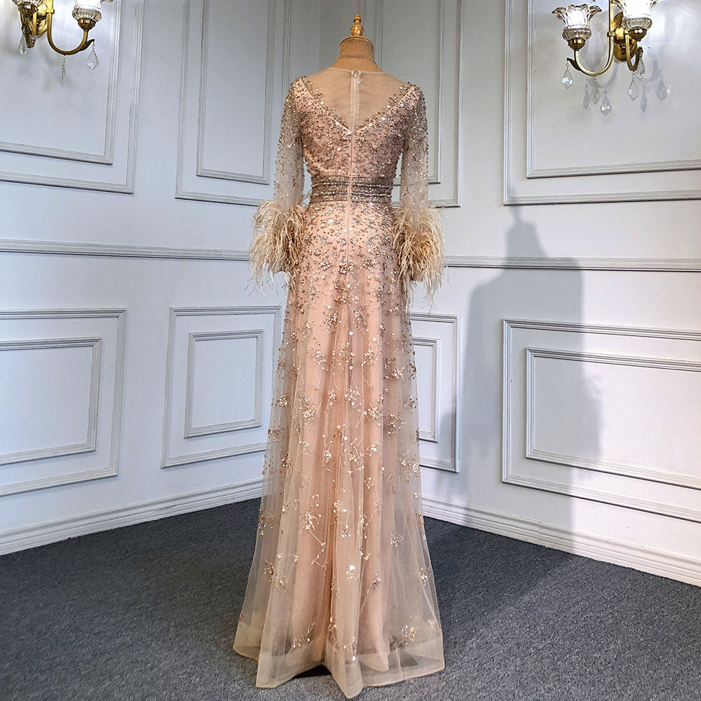 Serene Hill Gold A-Line Long Sleeves Feathers Evening Dress 2025 for Women Luxury O-Neck Crystal Sequins Handmade LA71654 - SERENE HILL