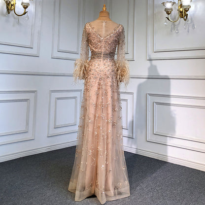 Serene Hill Gold A-Line Long Sleeves Feathers Evening Dress 2025 for Women Luxury O-Neck Crystal Sequins Handmade LA71654 - SERENE HILL
