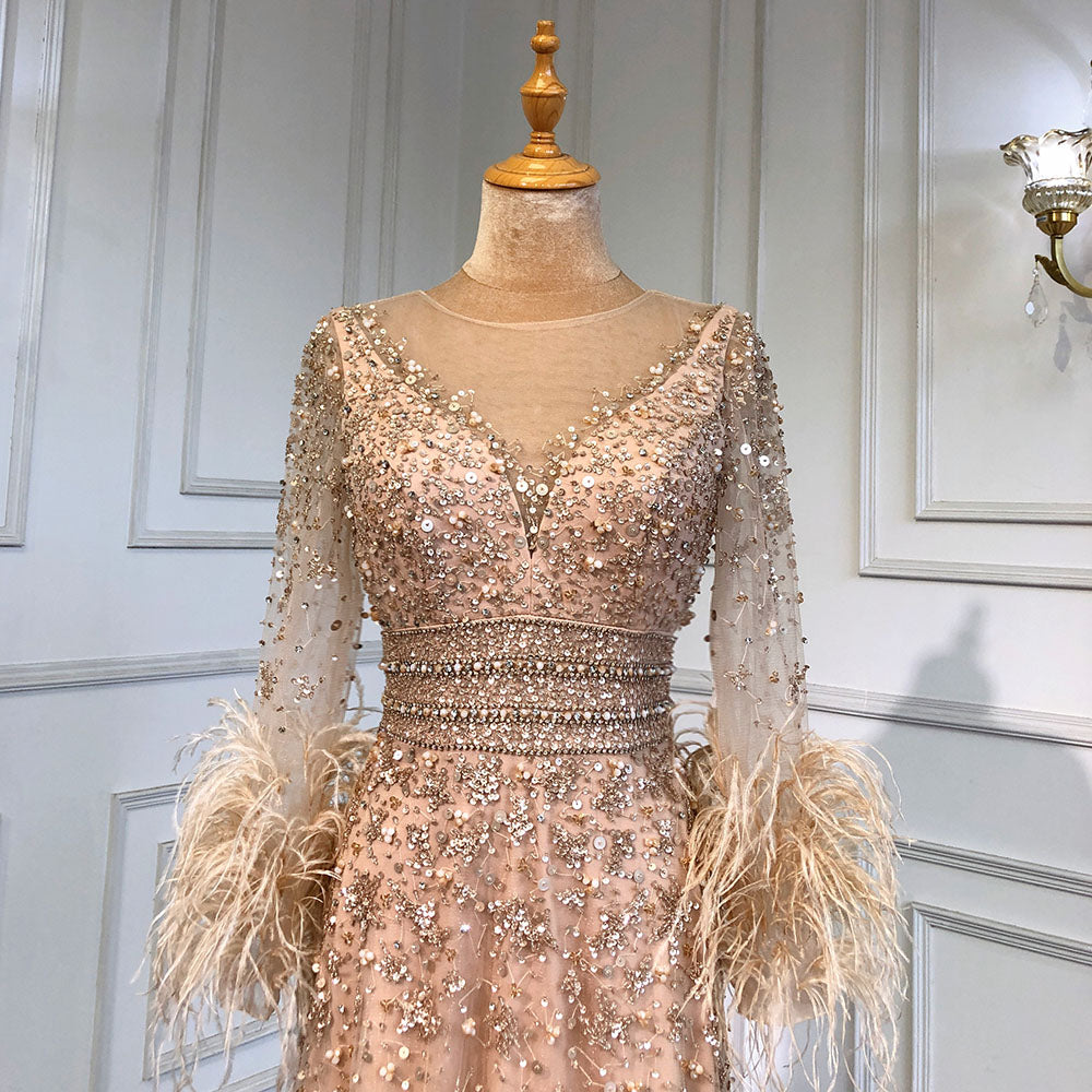 Serene Hill Gold A-Line Long Sleeves Feathers Evening Dress 2025 for Women Luxury O-Neck Crystal Sequins Handmade LA71654 - SERENE HILL
