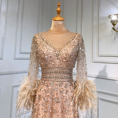 Serene Hill Gold A-Line Long Sleeves Feathers Evening Dress 2025 for Women Luxury O-Neck Crystal Sequins Handmade LA71654 - SERENE HILL