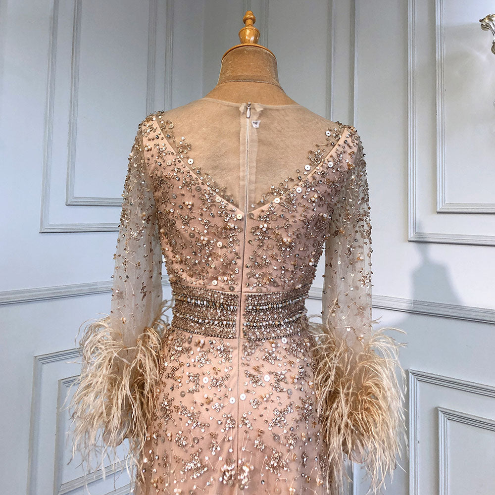 Serene Hill Gold A-Line Long Sleeves Feathers Evening Dress 2025 for Women Luxury O-Neck Crystal Sequins Handmade LA71654 - SERENE HILL