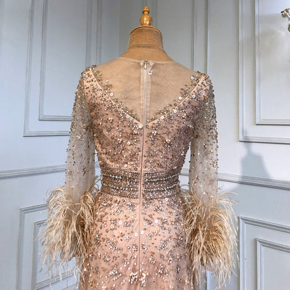 Serene Hill Gold A-Line Long Sleeves Feathers Evening Dress 2025 for Women Luxury O-Neck Crystal Sequins Handmade LA71654 - SERENE HILL