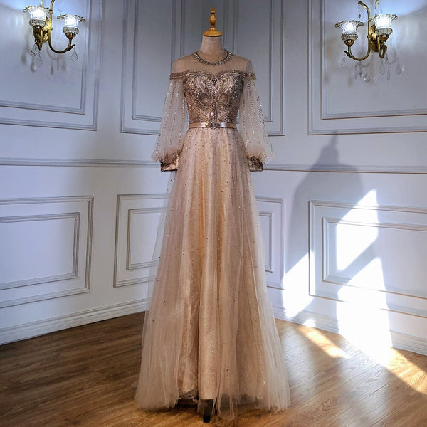 Serene Hill Gold A-Line Luxury Evening Dresses Gowns 2025 Beaded Lantern Sleeve For Women Party LA71498