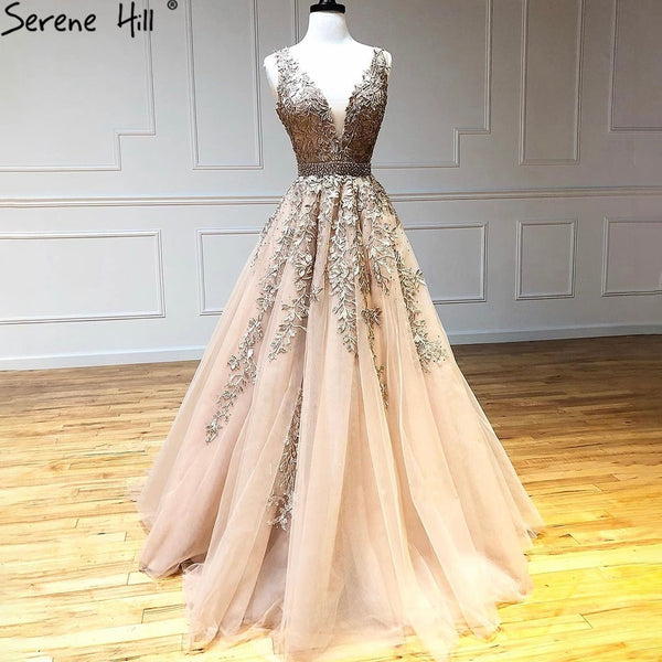 Gold Lace A-Line Prom Dress Sleeveless Graduation Gown LA71220