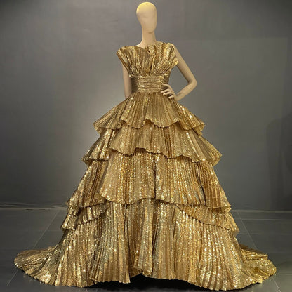 Serene Hill Gold A-Line Ruffles Scalloped Neck Evening Dresses Gowns Luxury 2025 For Women Party Couture LA71753 - SERENE HILL