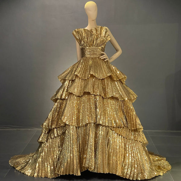 Serene Hill Gold A-Line Ruffles Scalloped Neck Evening Dresses Gowns Luxury 2025 For Women Party Couture LA71753
