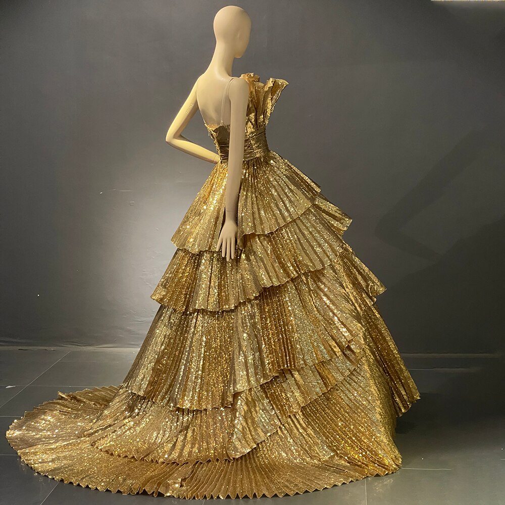 Serene Hill Gold A-Line Ruffles Scalloped Neck Evening Dresses Gowns Luxury 2025 For Women Party Couture LA71753 - SERENE HILL
