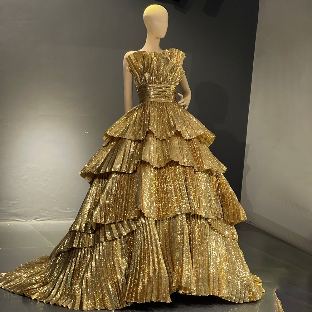 Serene Hill Gold A-Line Ruffles Scalloped Neck Evening Dresses Gowns Luxury 2025 For Women Party Couture LA71753 - SERENE HILL
