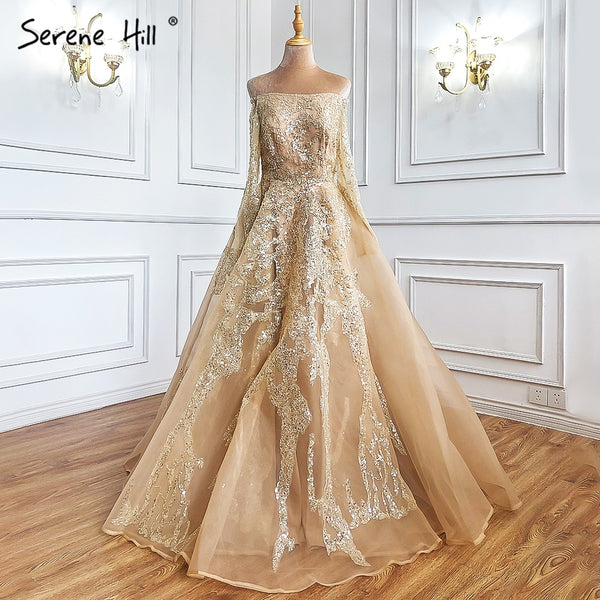 Serene Hill Gold A-Line Sexy Evening Dresses Gowns 2025 Beaded Off Shoulder For Woman Wedding Party LA71305