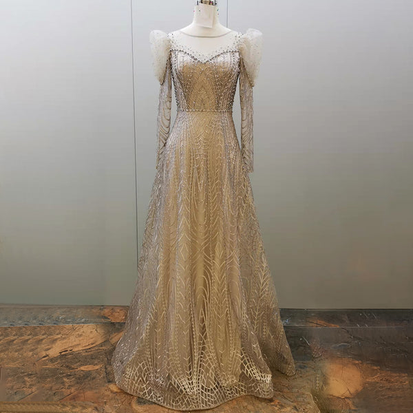 Serene Hill Gold Beaded Muslim Evening Dresses Gowns 2025 Luxury A-Line Puff Sleeve For Women Party LA71657