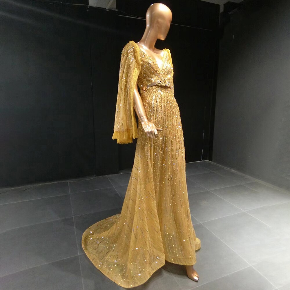 Luxury Gold Beaded Cape Sleeve A-Line Evening Dress LA71504 - SERENE HILL