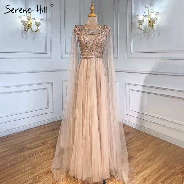 Serene Hill Gold Cape Sleeves A-Line Evening Dresses Gowns 2025 Luxury Beaded For Women Party LA71315