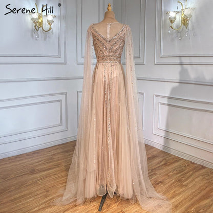 Serene Hill Gold Cape Sleeves A-Line Evening Dresses Gowns 2025 Luxury Beaded For Women Party LA71315 - SERENE HILL