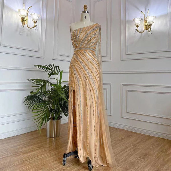 Serene Hill Gold Elegant Mermaid Sexy One Shoulder Cape Sleeve High Split Luxury Beaded Evening Dresses Gowns 2025 LA71902