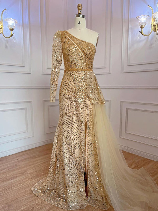 Serene Hill Gold Elegant Mermaid Sexy One Shoulder High Split Beaded Luxury Evening Dresses Gowns For Women Party 2025 LA71890