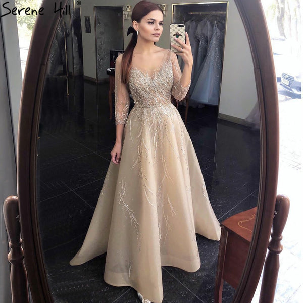 Serene Hill Gold Luxury A-Line Evening Dresses Gowns 2025 Beading Sparkle Sexy For Women Party  LA70823