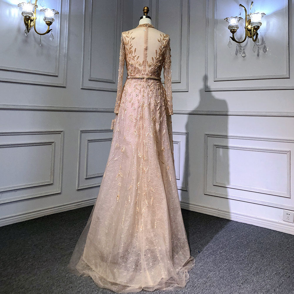 Serene Hill Gold Luxury A-Line Evening O-Neck Dresses Gowns 2025 Beading Spaghetti Strap Sexy For Women Party LA71378L - SERENE HILL