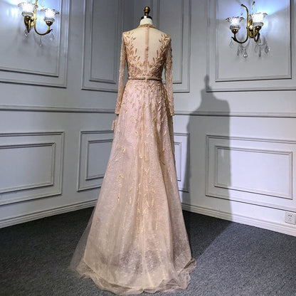 Serene Hill Gold Luxury A-Line Evening O-Neck Dresses Gowns 2025 Beading Spaghetti Strap Sexy For Women Party LA71378L - SERENE HILL