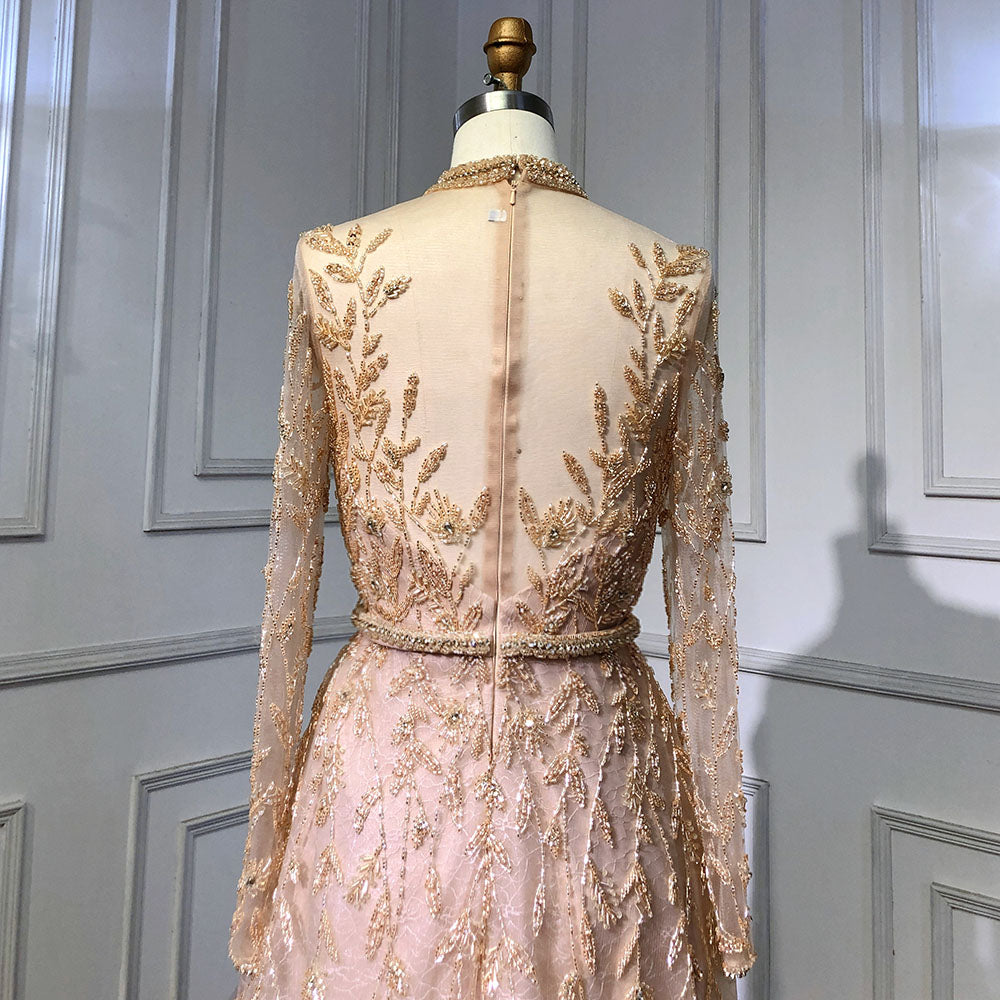 Serene Hill Gold Luxury A-Line Evening O-Neck Dresses Gowns 2025 Beading Spaghetti Strap Sexy For Women Party LA71378L - SERENE HILL