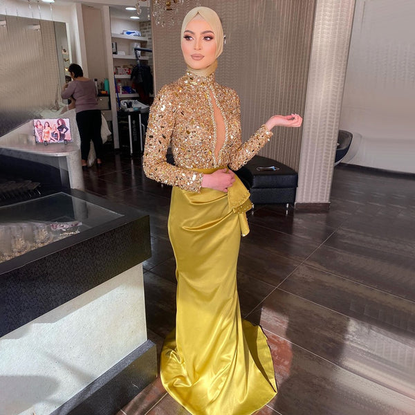 Serene Hill Gold Luxury Beaded Evening Gowns 2025 Mermaid Elegant Satin For Women Wedding Party LA71509