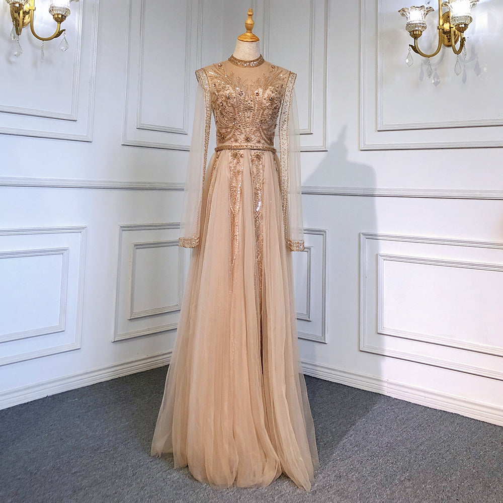 Serene Hill Gold Luxury Cape Sleeves Evening Dresses Gowns 2025 Beaded Mermaid Elegant For Woman Party LA71604 - SERENE HILL