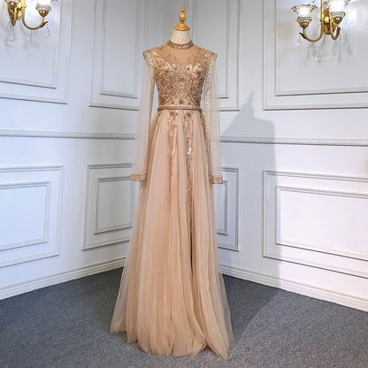 Serene Hill Gold Luxury Cape Sleeves Evening Dresses Gowns 2025 Beaded Mermaid Elegant For Woman Party LA71604 - SERENE HILL