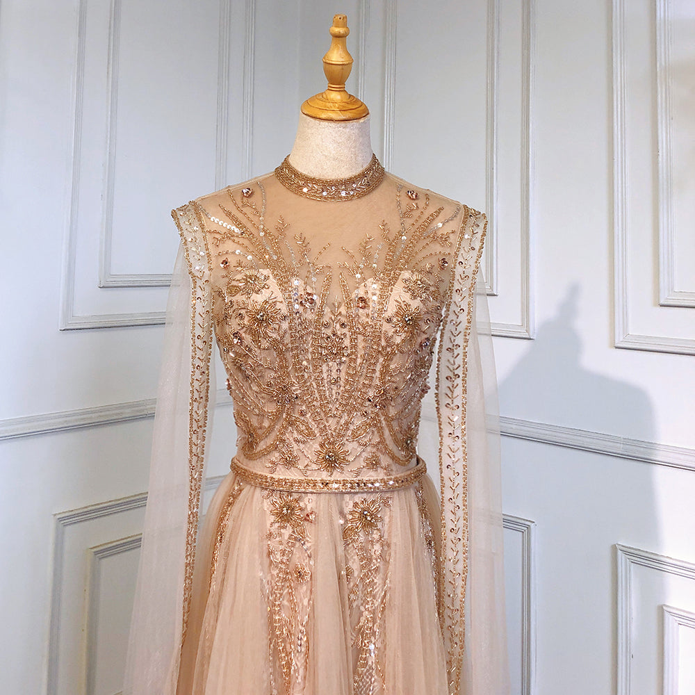 Serene Hill Gold Luxury Cape Sleeves Evening Dresses Gowns 2025 Beaded Mermaid Elegant For Woman Party LA71604 - SERENE HILL