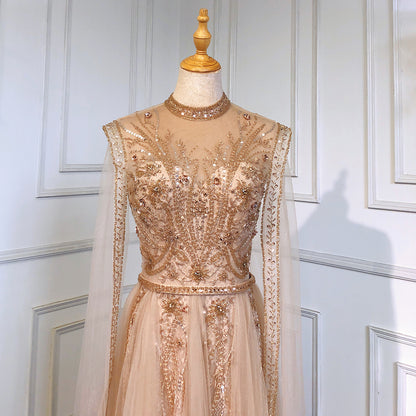 Serene Hill Gold Luxury Cape Sleeves Evening Dresses Gowns 2025 Beaded Mermaid Elegant For Woman Party LA71604 - SERENE HILL