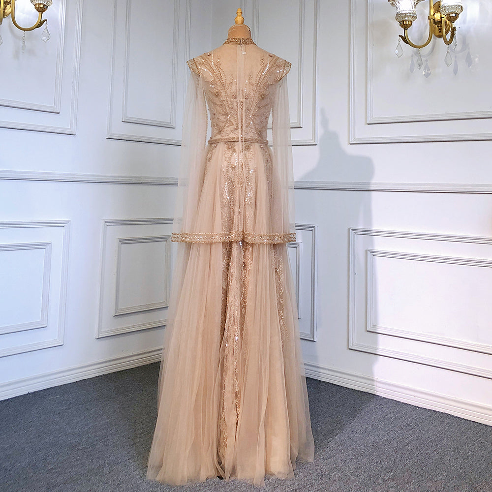 Serene Hill Gold Luxury Cape Sleeves Evening Dresses Gowns 2025 Beaded Mermaid Elegant For Woman Party LA71604 - SERENE HILL