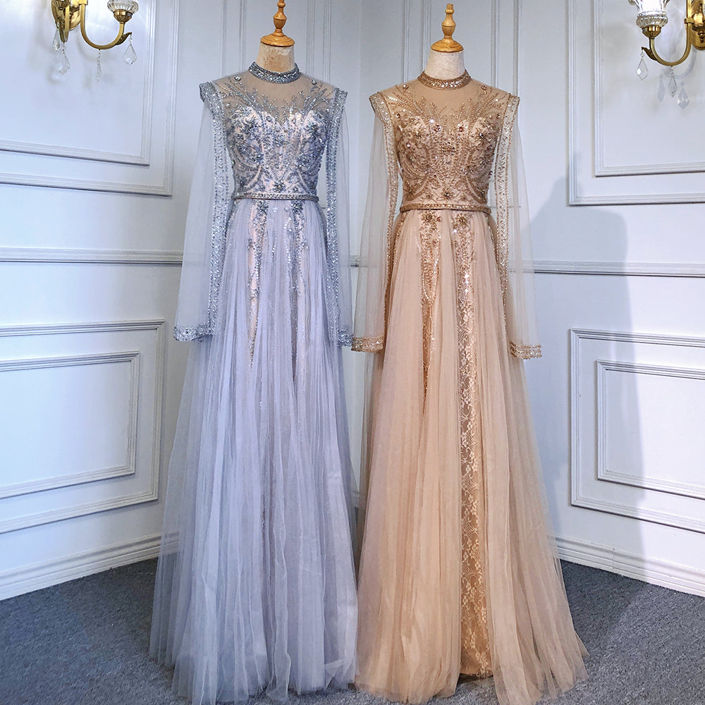 Serene Hill Gold Luxury Cape Sleeves Evening Dresses Gowns 2025 Beaded Mermaid Elegant For Woman Party LA71604 - SERENE HILL
