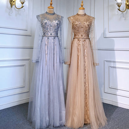 Serene Hill Gold Luxury Cape Sleeves Evening Dresses Gowns 2025 Beaded Mermaid Elegant For Woman Party LA71604 - SERENE HILL