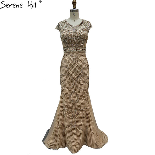 Serene Hill Gold Luxury Caps Sleeves Evening Dresses Gowns 2025 Mermaid Elegant Beading For Women Party LA70851