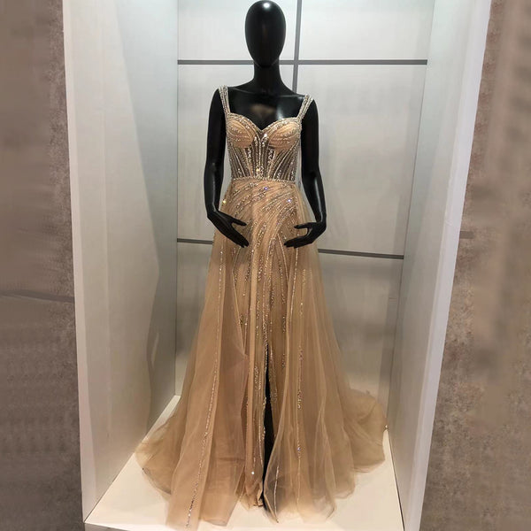 Serene Hill Gold Luxury High Split Evening Dresses Gowns 2025 Beaded Meramid Elegant For Women Party LA71373